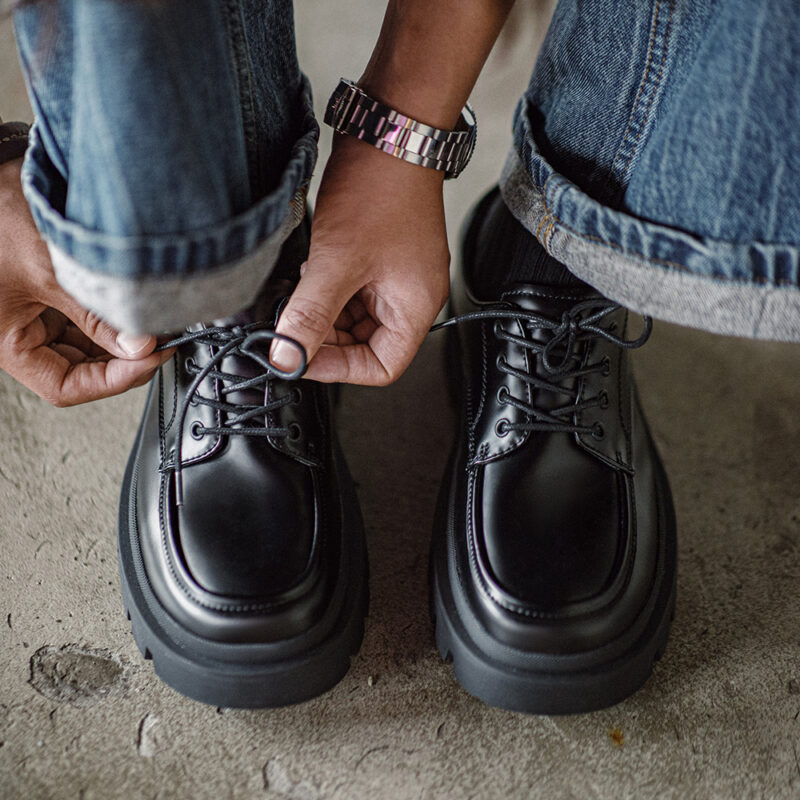 Men’s Black Genuine Leather Lace-Up Shoes with Thick Rubber Sole