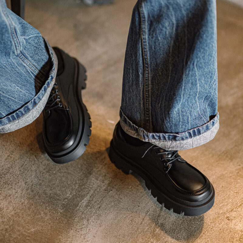 Men’s Black Genuine Leather Lace-Up Shoes with Thick Rubber Sole - Image 3