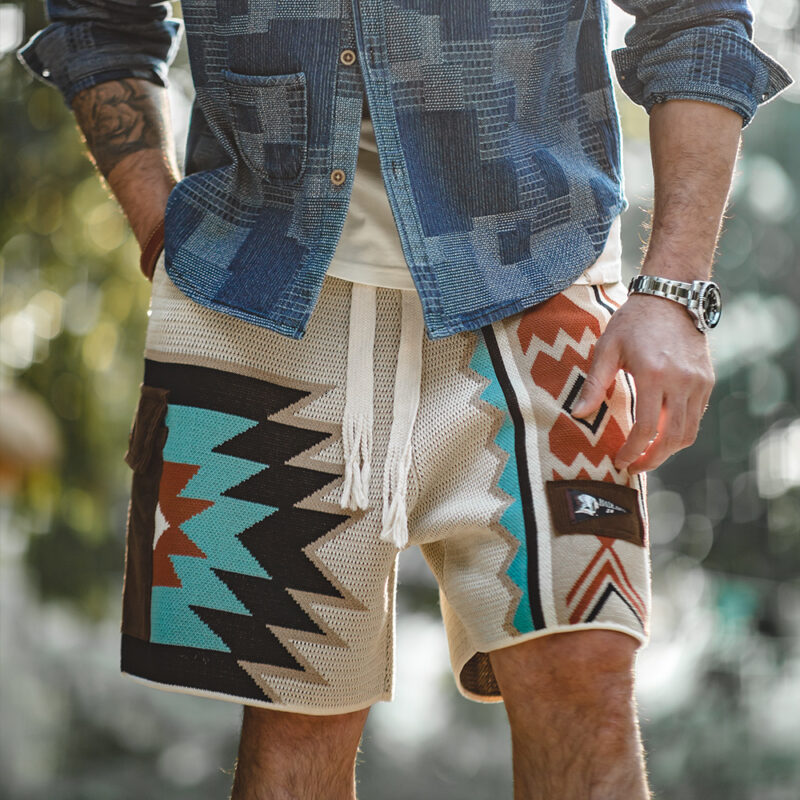 Men’s Navajo Totem Knit Shorts with Corduroy Pocket – Breathable Summer Wear - Image 4