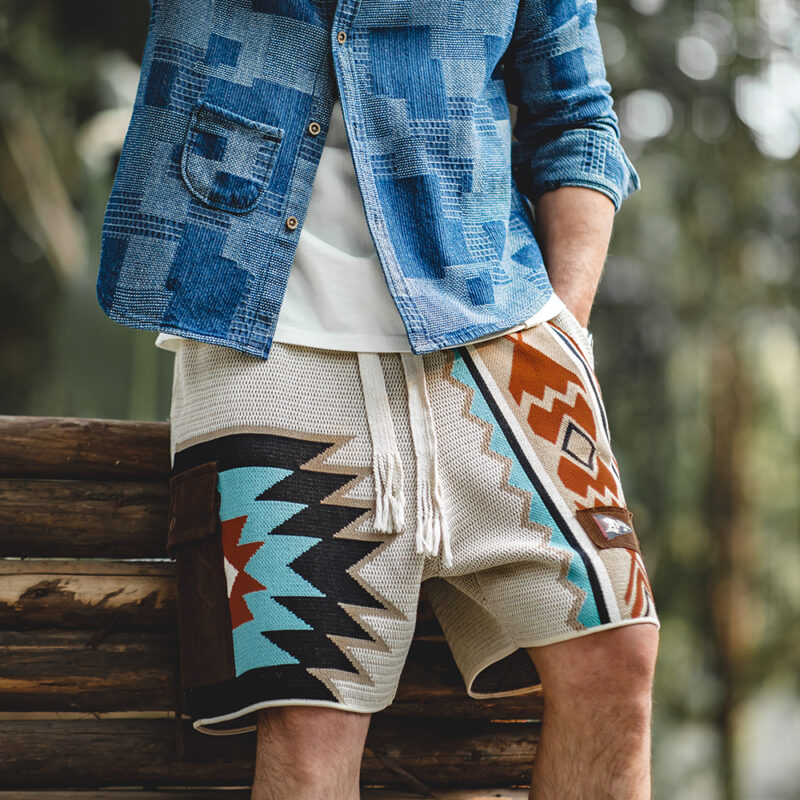Men’s Navajo Totem Knit Shorts with Corduroy Pocket – Breathable Summer Wear - Image 2