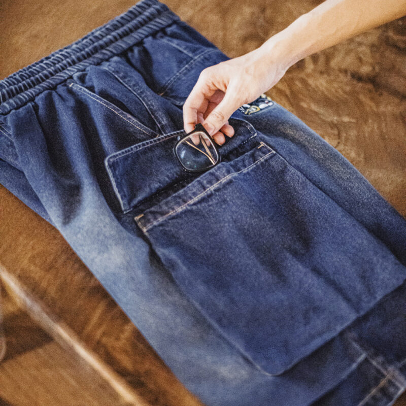 Vintage Heavyweight Navy Embroidered Denim Cargo Shorts for Men - Image 7