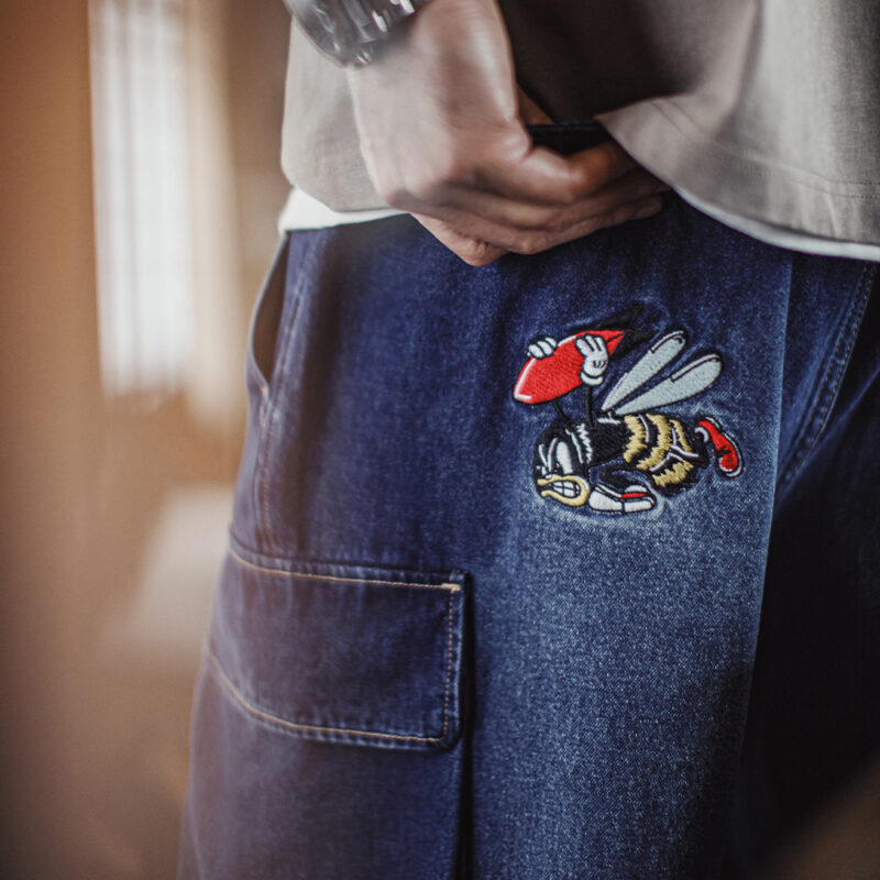Vintage Heavyweight Navy Embroidered Denim Cargo Shorts for Men - Image 6