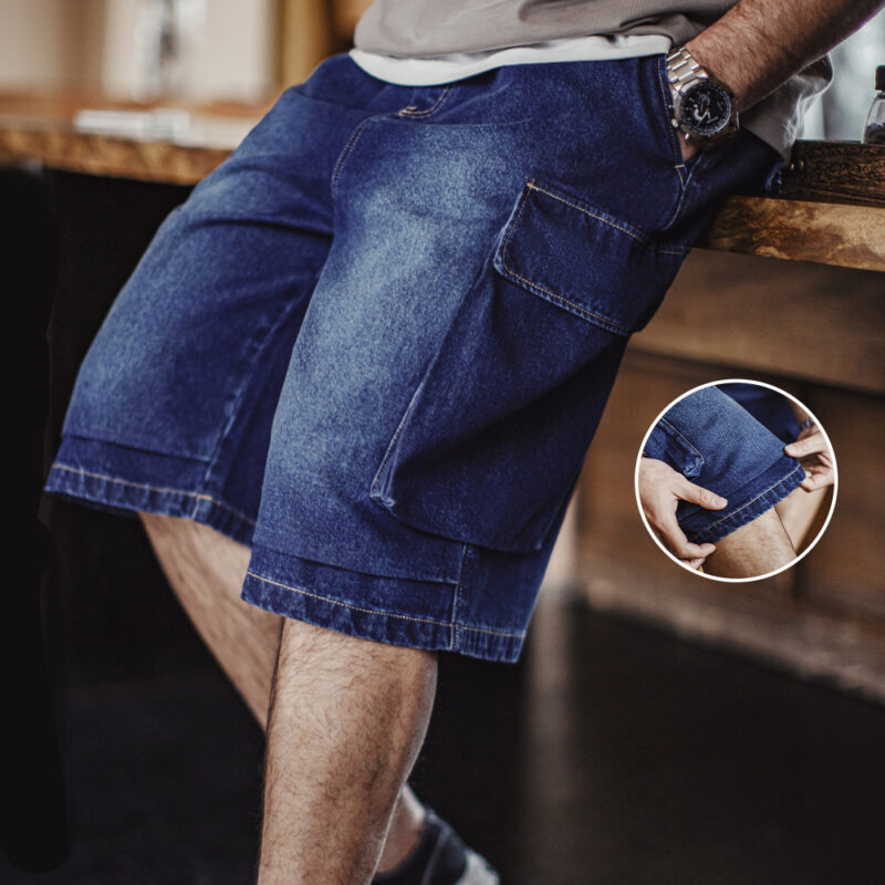 Vintage Heavyweight Navy Embroidered Denim Cargo Shorts for Men - Image 5