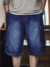 Vintage Heavyweight Navy Embroidered Denim Cargo Shorts for Men