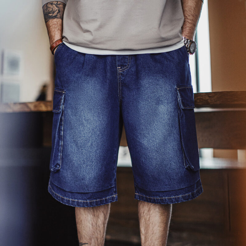 Vintage Heavyweight Navy Embroidered Denim Cargo Shorts for Men