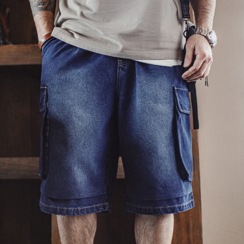 Vintage Heavyweight Navy Embroidered Denim Cargo Shorts for Men - Image 3