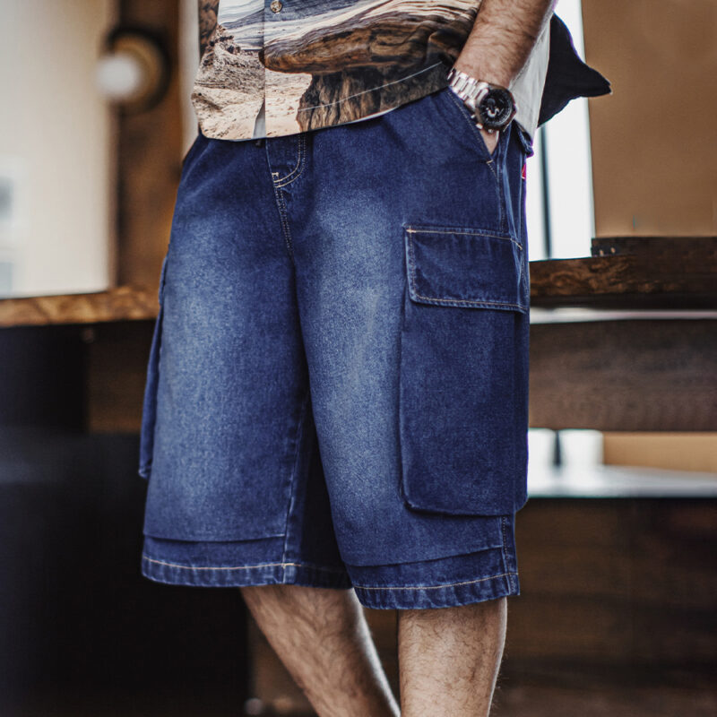 Vintage Heavyweight Navy Embroidered Denim Cargo Shorts for Men - Image 4