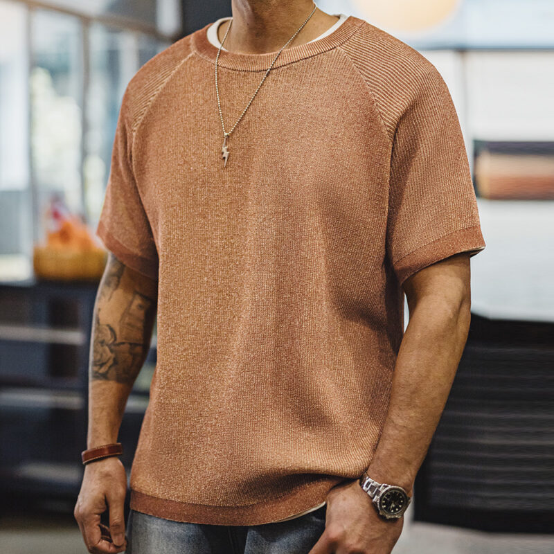 Vintage Orange Knitted Men's Summer T-Shirt – Loose Fit Street Style