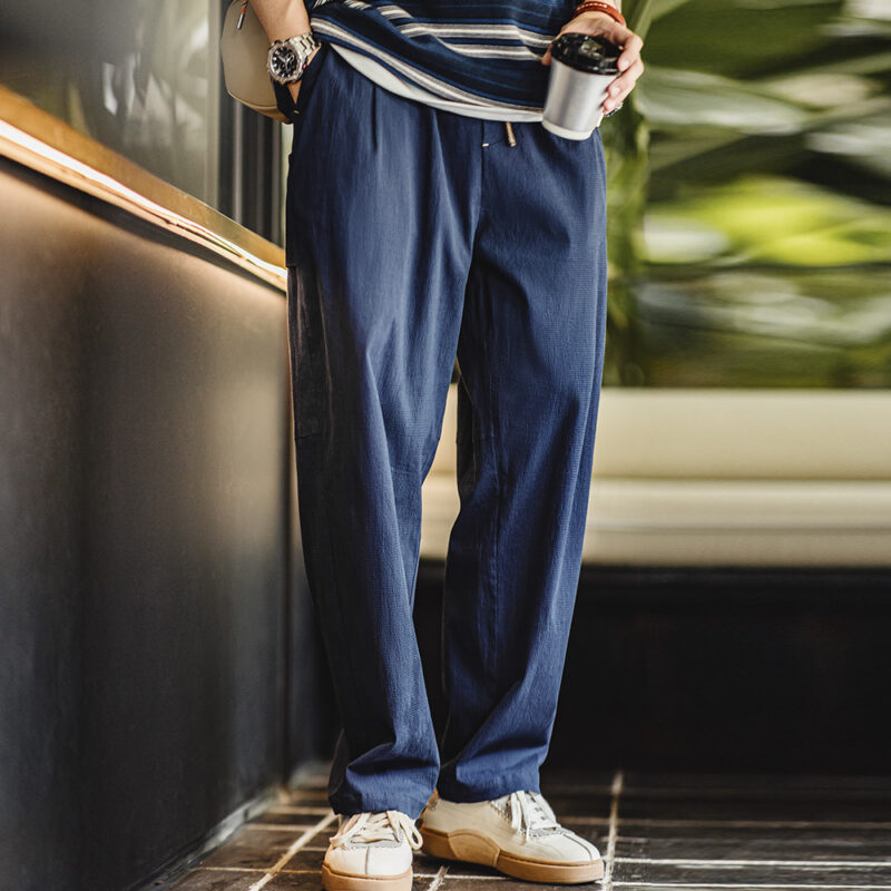 Men's Seersucker Elastic Waist Casual Chinos - Lightweight Loose Fit Pants - Image 5