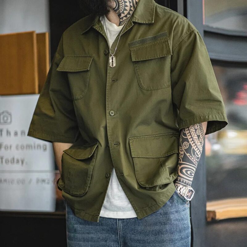 Men's Summer Cotton Workwear Shirt with Four Pockets and Turn-down Collar