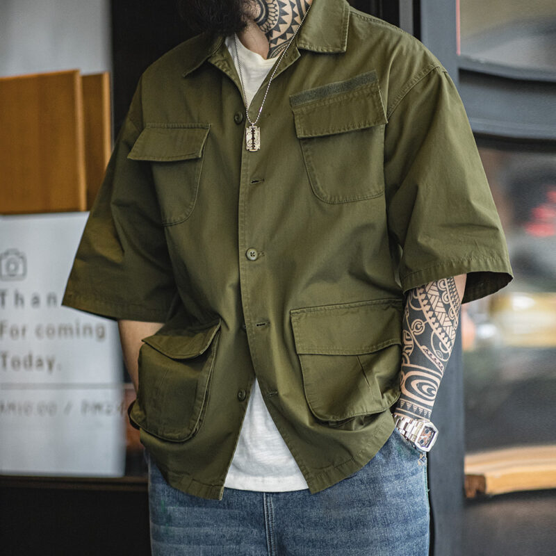 Men's Summer Cotton Workwear Shirt with Four Pockets and Turn-down Collar - Image 2