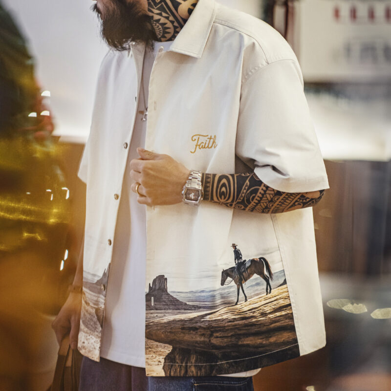 Men's Vintage Inkjet Print Cuban Collar Shirt - Image 5
