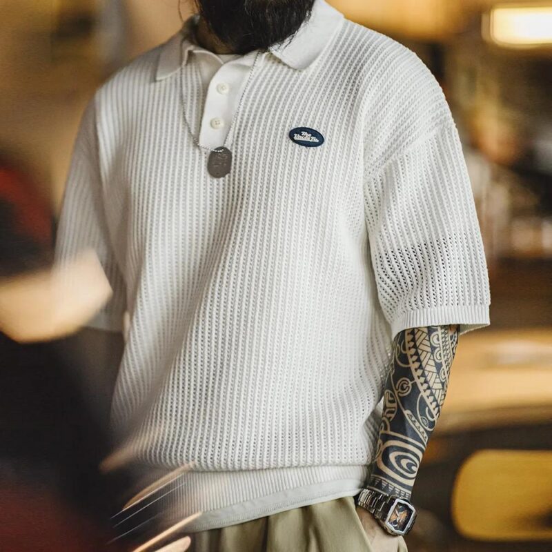 Men's Vintage Hollow Knit Polo Shirt - Image 2