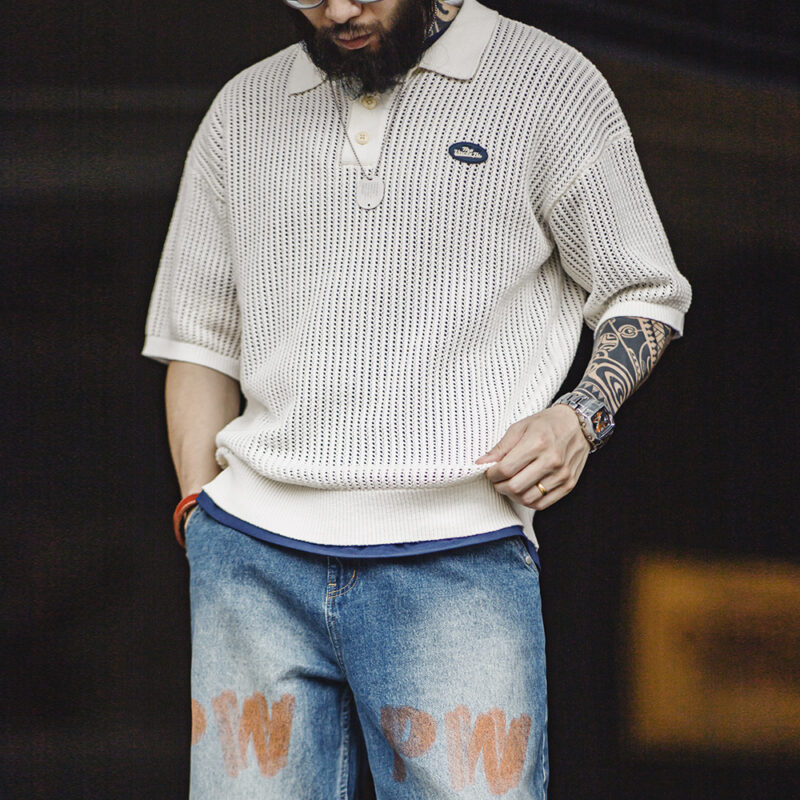 Men's Vintage Hollow Knit Polo Shirt - Image 5