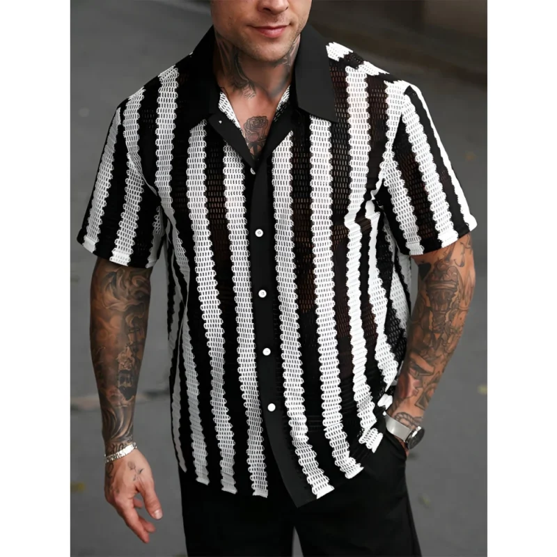 Men's Sexy Mesh Striped Short Sleeve Shirt – Casual Lapel Button Down - Image 6