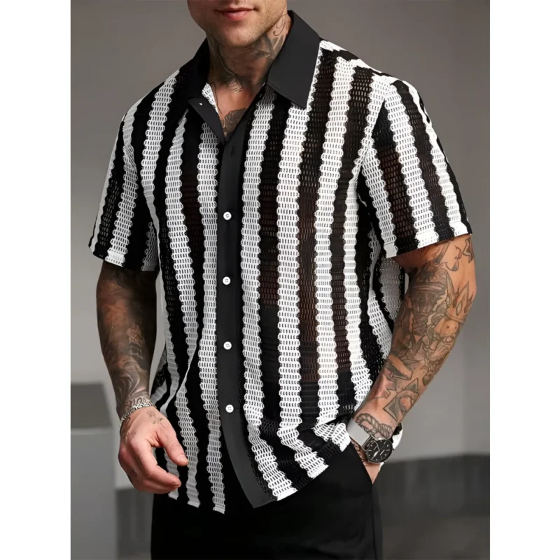 Men's Sexy Mesh Striped Short Sleeve Shirt – Casual Lapel Button Down - Image 5