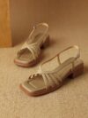 Women's Genuine Leather Open Toe Sandals with Mid Square Heels – Summer Party Shoes