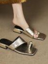 Chic Square Toe Slingback Flats – PU Leather Summer Dress Sandals