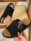 Women’s Casual Open Toe Cork Slides – Faux Suede Flat Sandals with Buckle