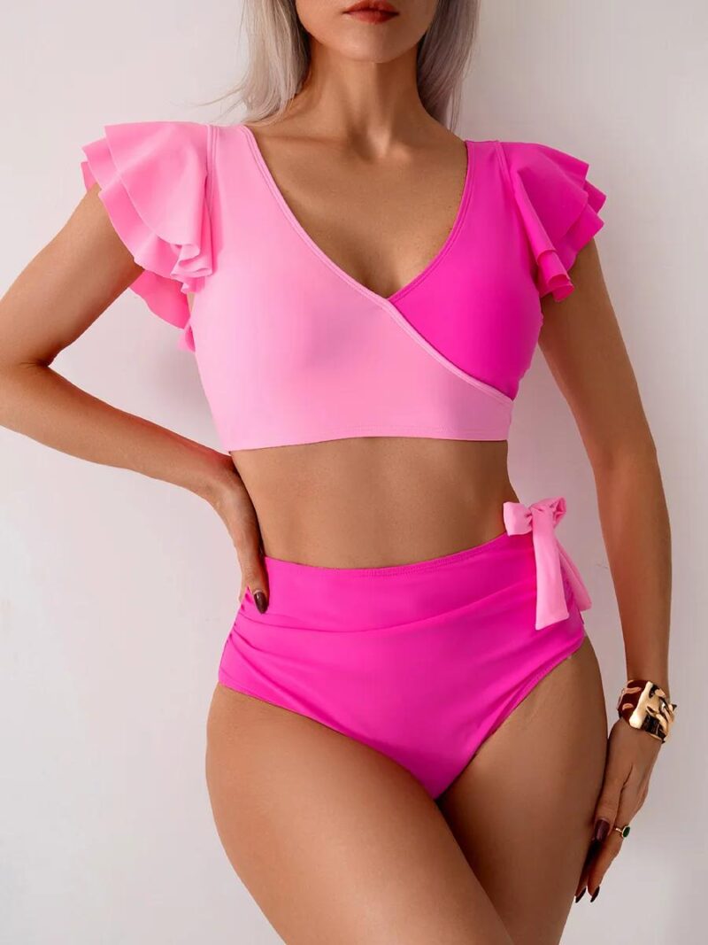 Sexy High Waist Patchwork Bikini Set with Ruffles & Push-Up Effect - Image 2