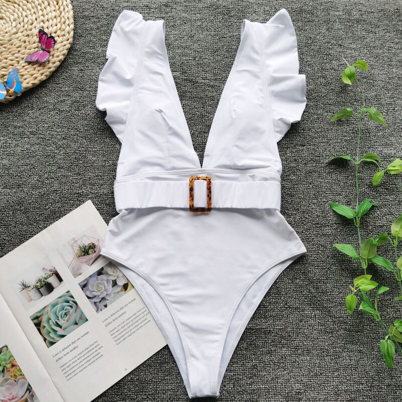 Sexy Deep V One-Piece Swimsuit with Ruffles & Push-Up Support - Image 5