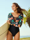 Sexy Long Sleeve Floral Print One-Piece Bikini Set with Push-Up Support