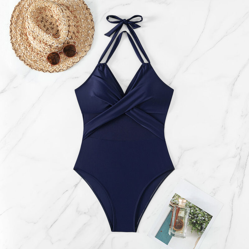 High Waist Halter One-Piece Swimsuit with Mesh & Push-Up Design - Image 4