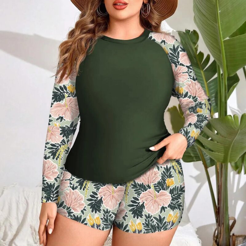 Plus Size Long Sleeve Tankini Swimsuit with Printed Boxer Bottoms