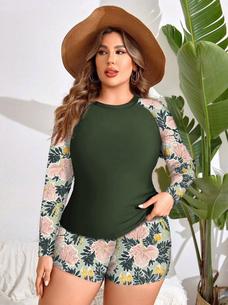 Plus Size Long Sleeve Tankini Swimsuit with Printed Boxer Bottoms - Image 2