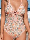 Floral V Neck One-Piece Swimsuit with Back Tie and Adjustable Straps