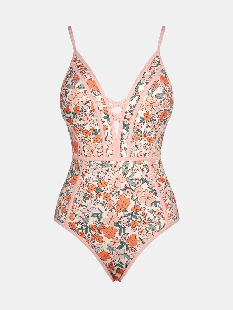 Floral V Neck One-Piece Swimsuit with Back Tie and Adjustable Straps - Image 5