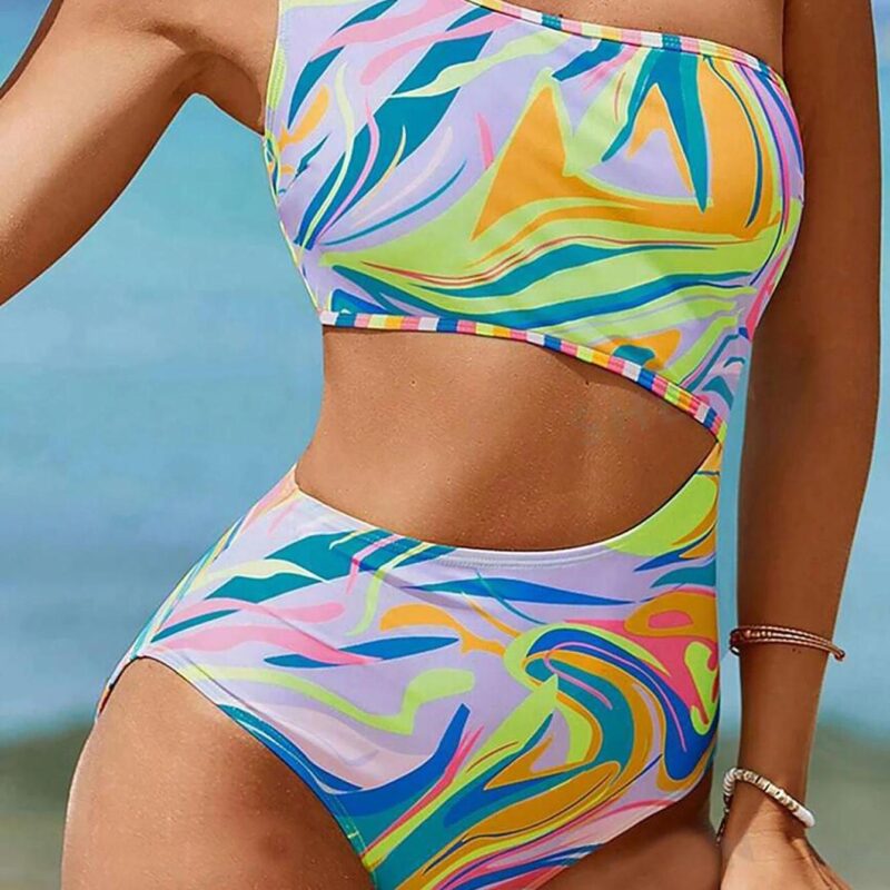 One-Shoulder Abstract Print Monokini Swimsuit for Women – Cut-Out Beachwear