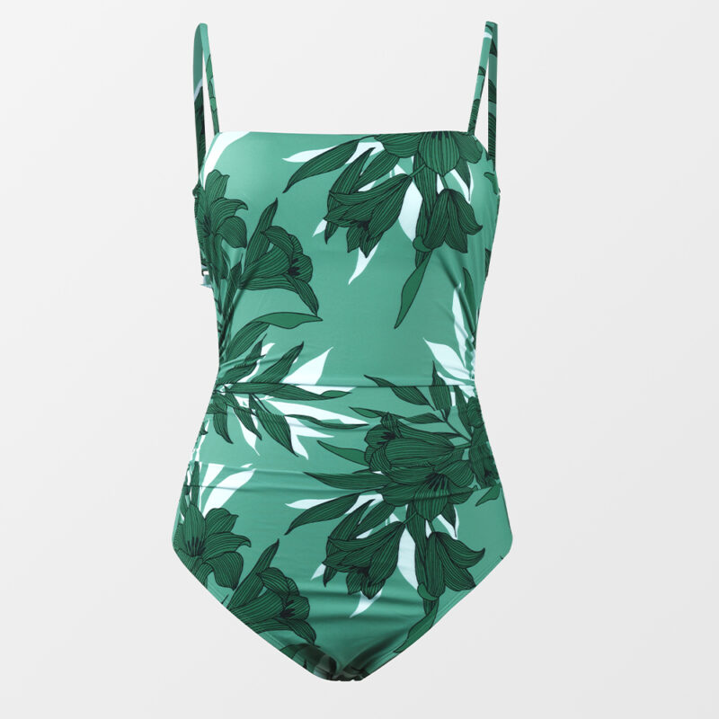 Leaf Print Shirred One-Piece Swimsuit with Square Neck and Backless Design - Image 6