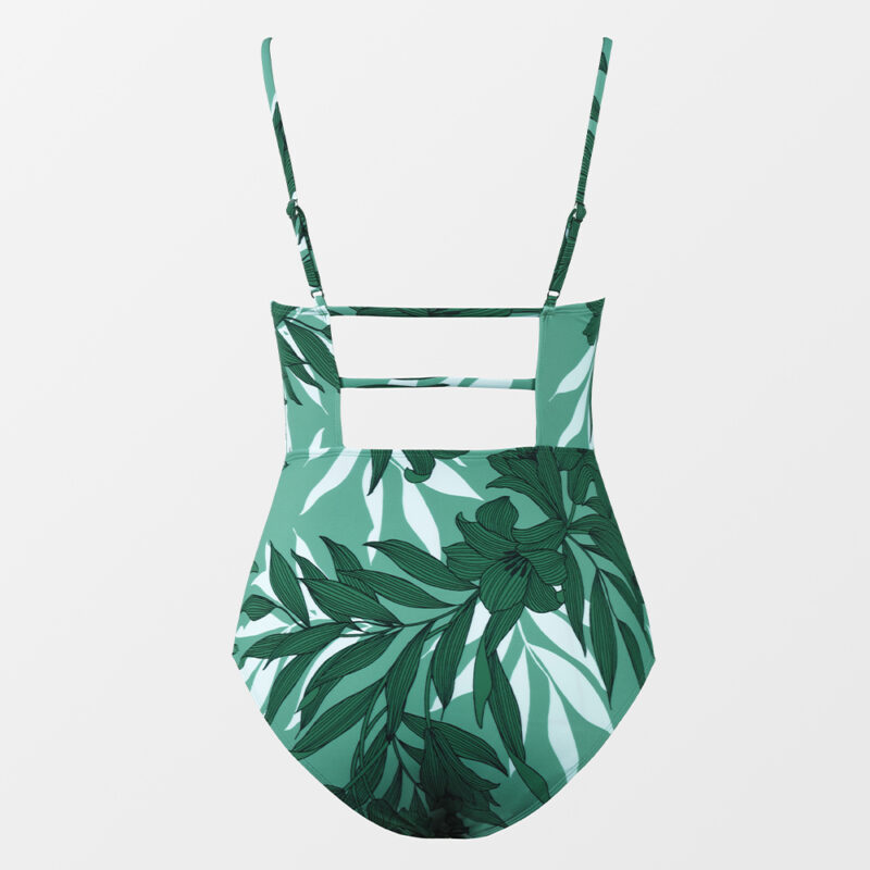 Leaf Print Shirred One-Piece Swimsuit with Square Neck and Backless Design - Image 7