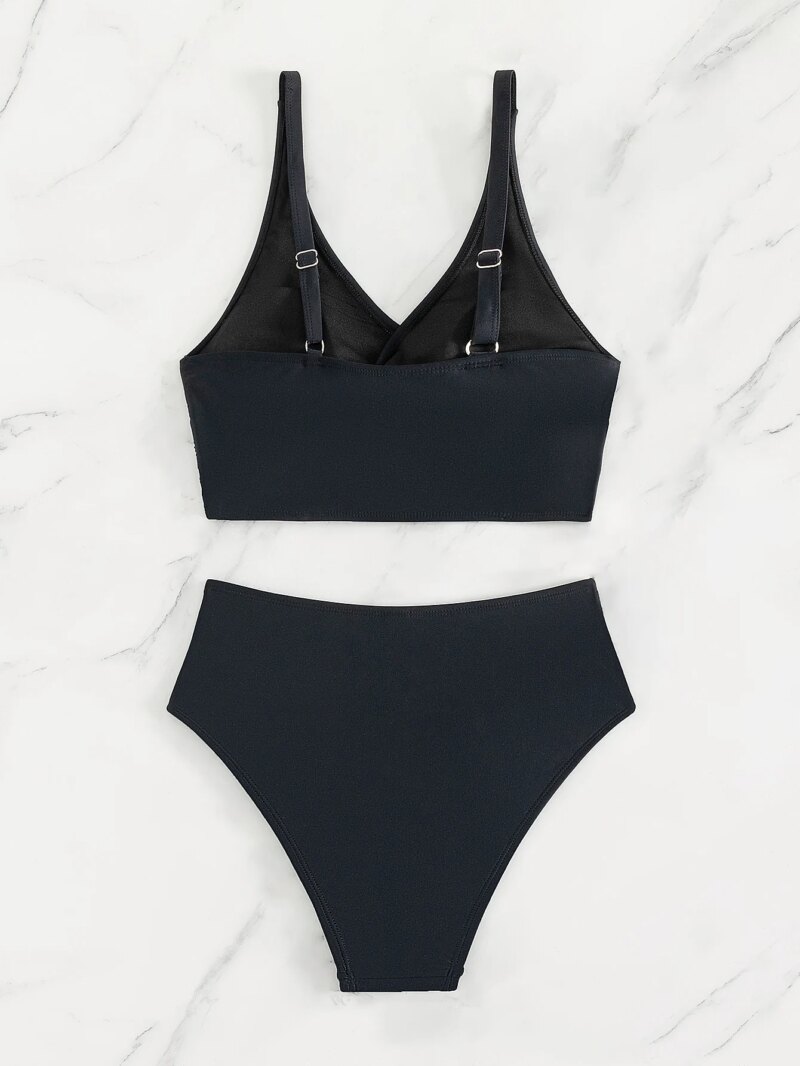 Chic V-Neck Black High Waist Bikini Set – Backless 2-Piece Swimwear - Image 6