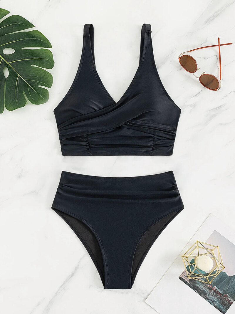 Chic V-Neck Black High Waist Bikini Set – Backless 2-Piece Swimwear - Image 5