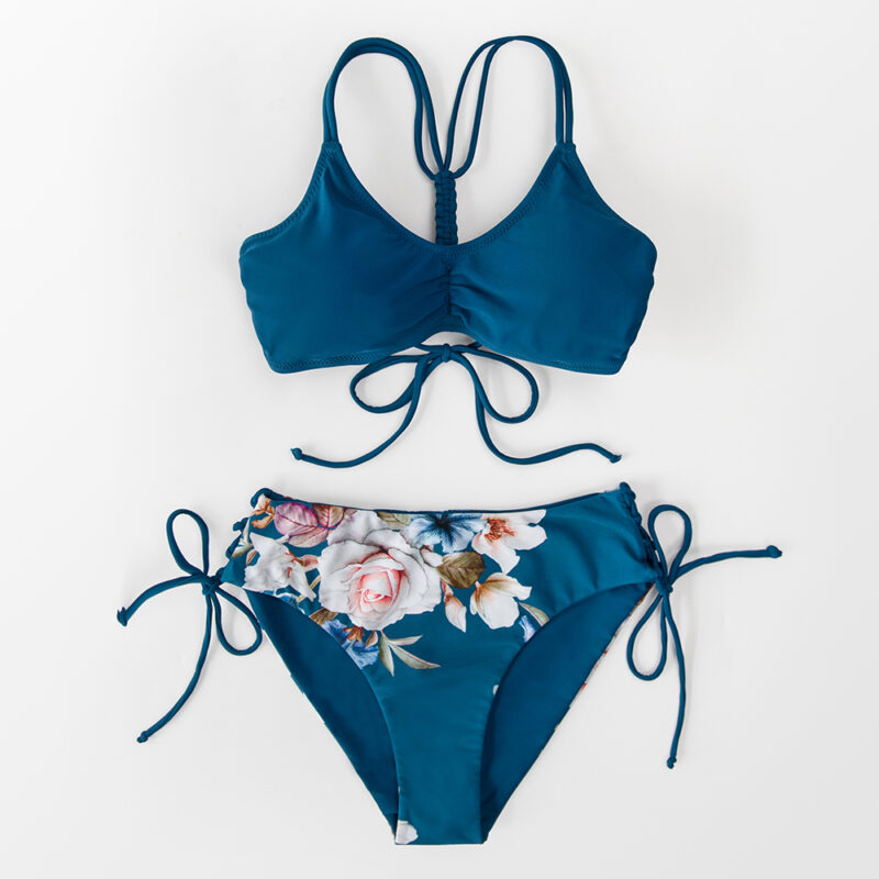 Reversible Lace-Up Low Waist Bikini Set with Floral Print - Image 6