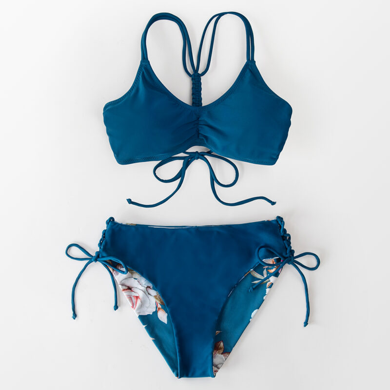 Reversible Lace-Up Low Waist Bikini Set with Floral Print - Image 7