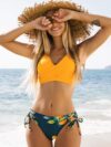 Yellow & Lemon Print Mid-Waist Bikini Set with Lace-Up Detail