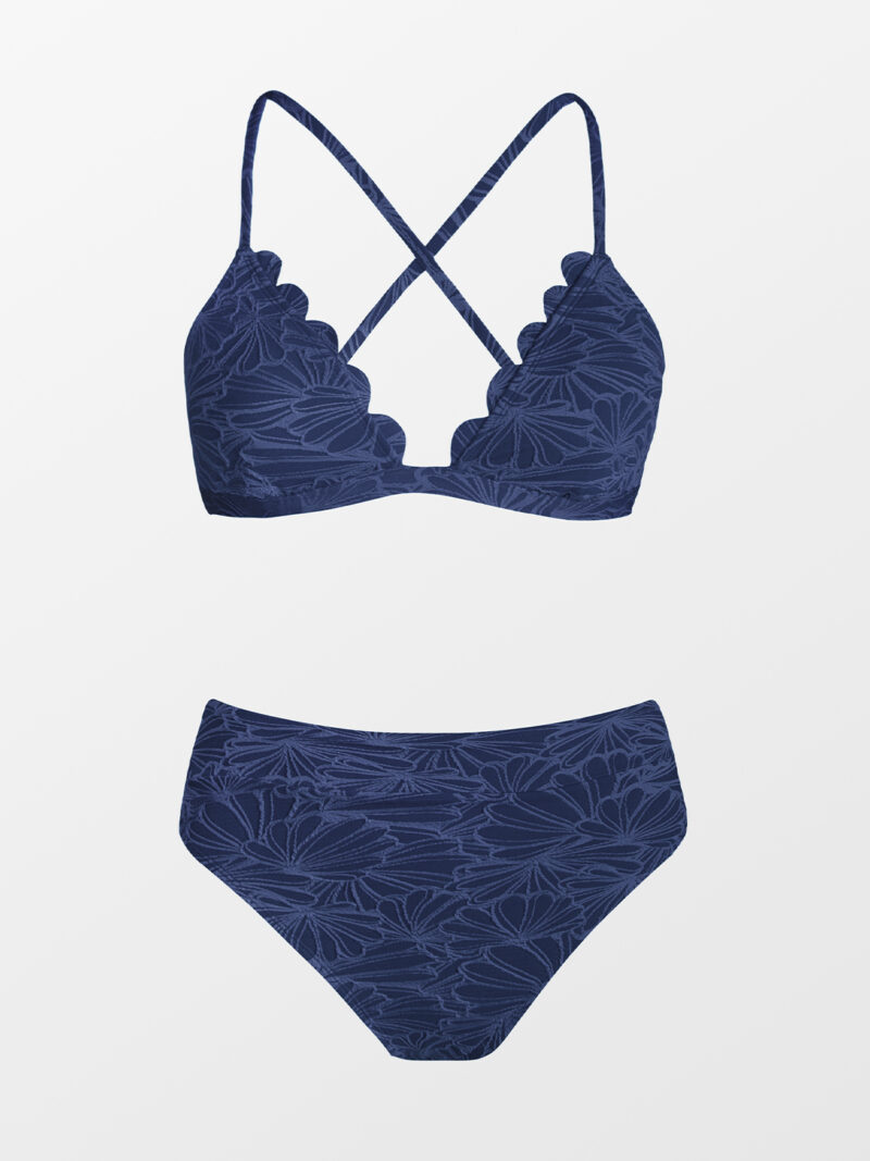 Jacquard Scalloped High Waisted Bikini Set with Back Tie - Image 5