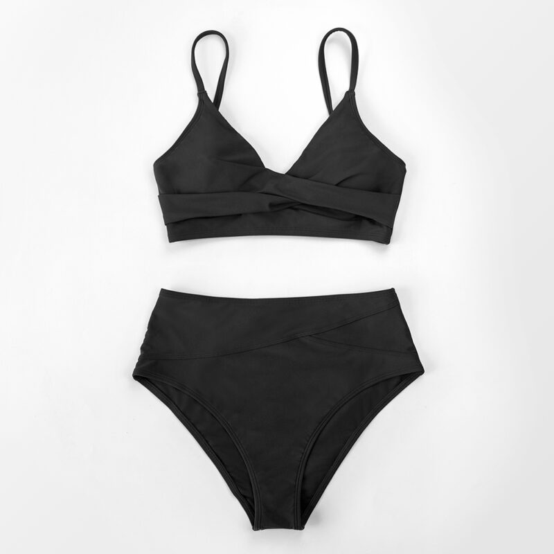 Solid Black Twist V-Neck High Waist Bikini Set for Women - Image 5
