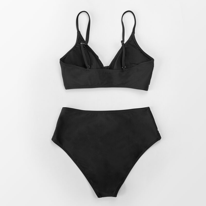 Solid Black Twist V-Neck High Waist Bikini Set for Women - Image 6