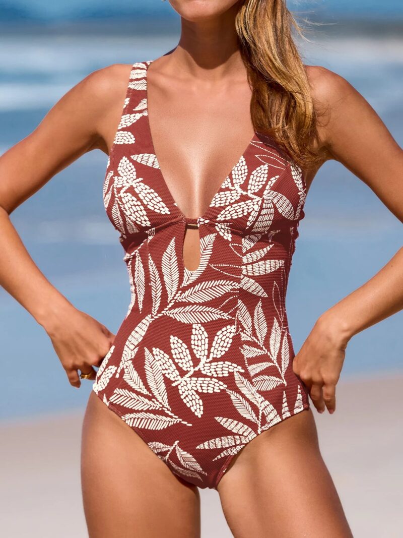 Textured Floral Deep V One-Piece Swimsuit with Back Cutout - Image 8