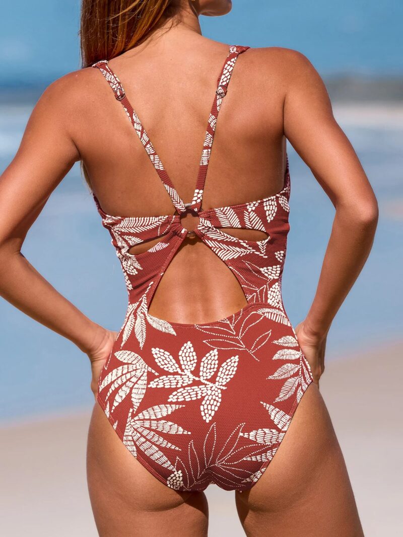 Textured Floral Deep V One-Piece Swimsuit with Back Cutout - Image 9