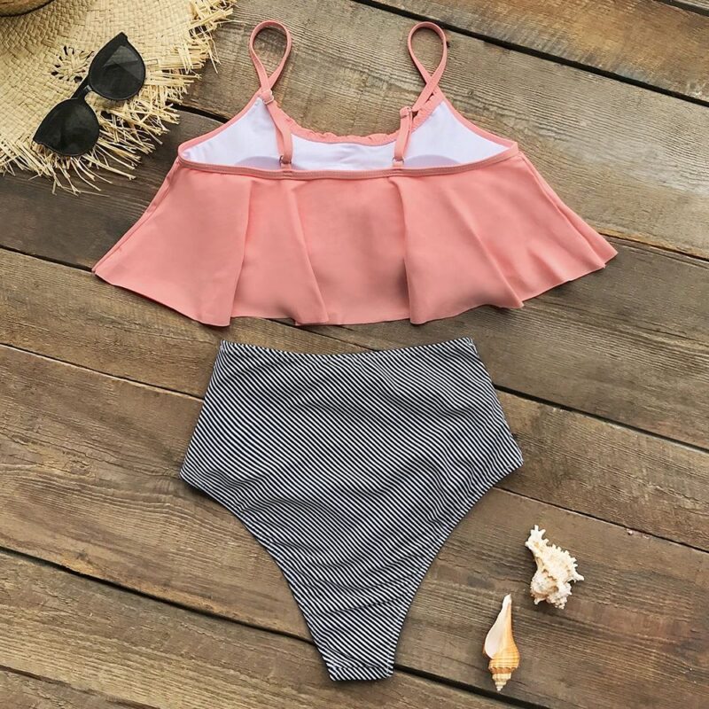 Pink Striped High Waisted Bikini Set with Bandeau Tank Top - Image 7