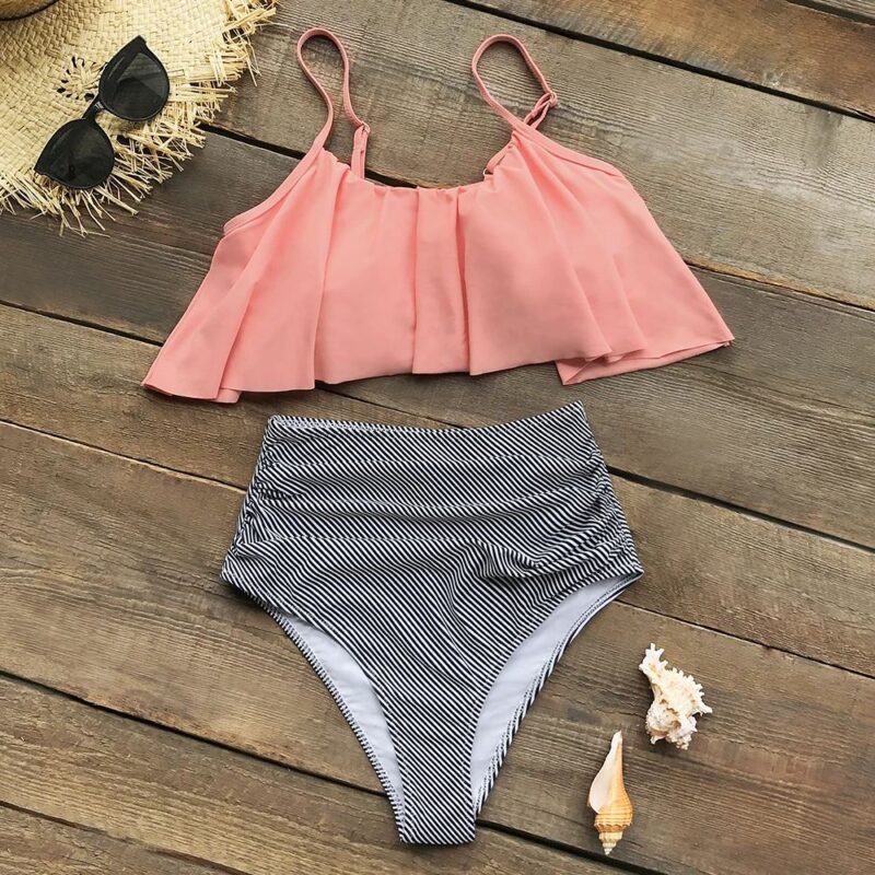 Pink Striped High Waisted Bikini Set with Bandeau Tank Top - Image 6