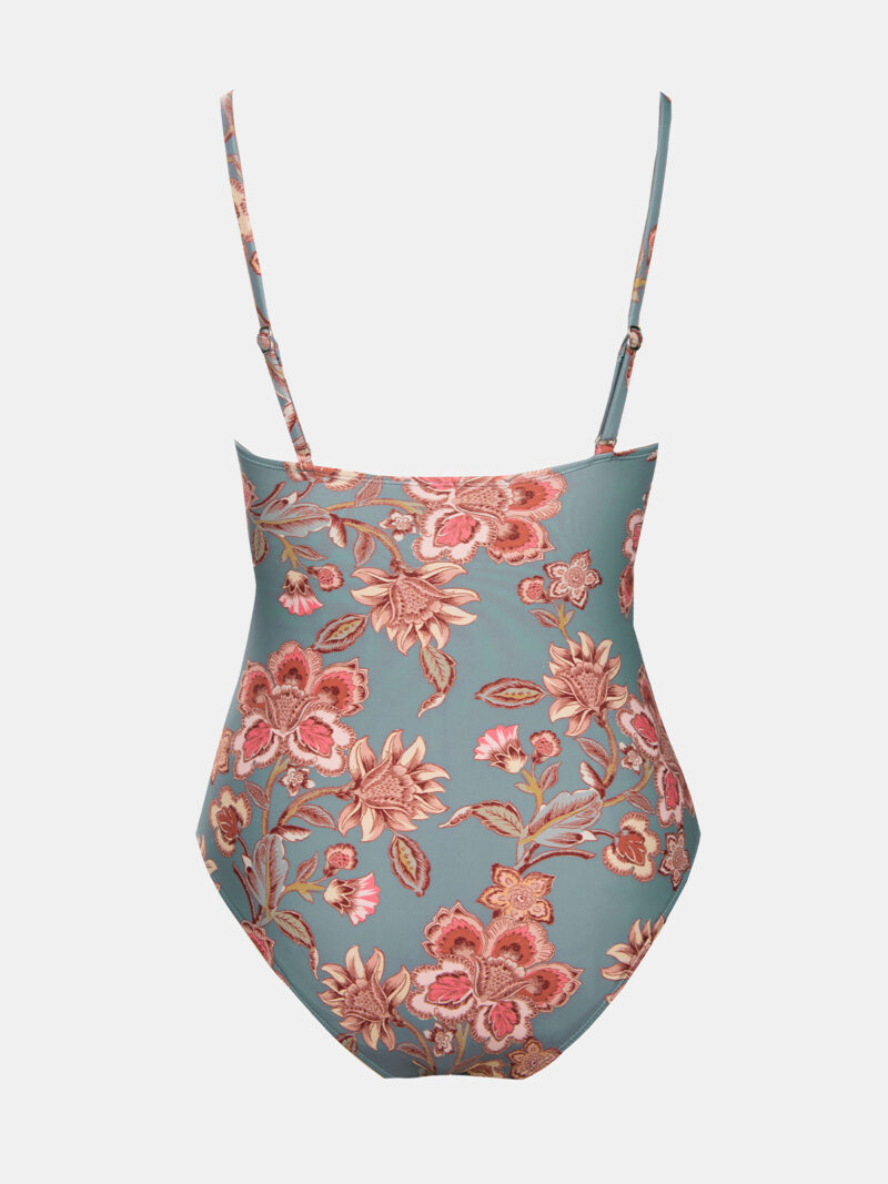 Solid Shirred Deep V One-Piece Swimsuit with Adjustable Straps - Image 5