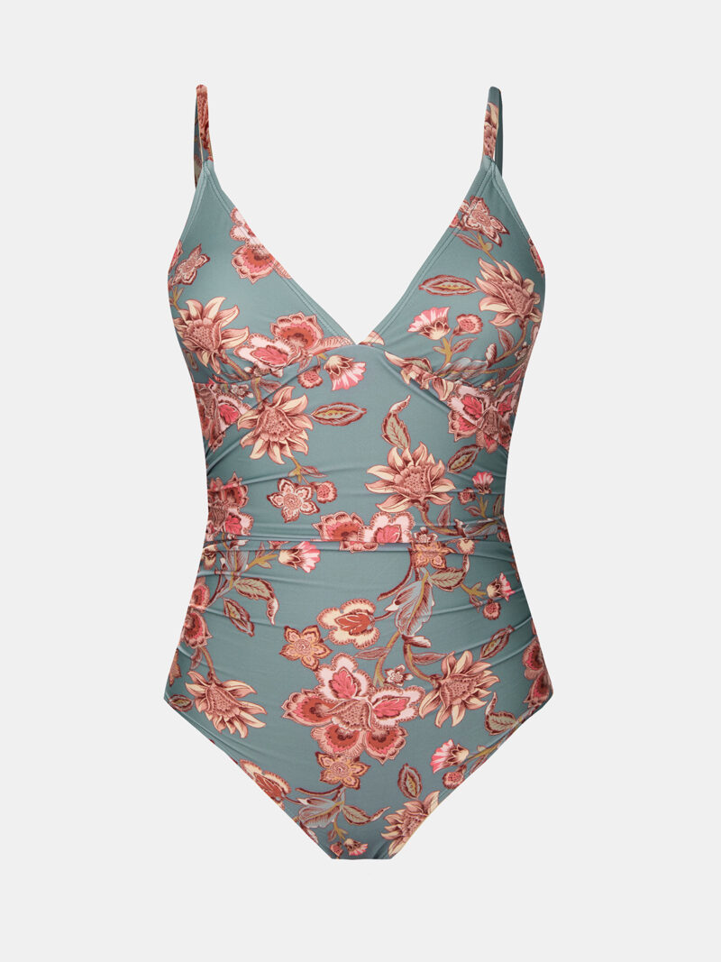 Solid Shirred Deep V One-Piece Swimsuit with Adjustable Straps - Image 4
