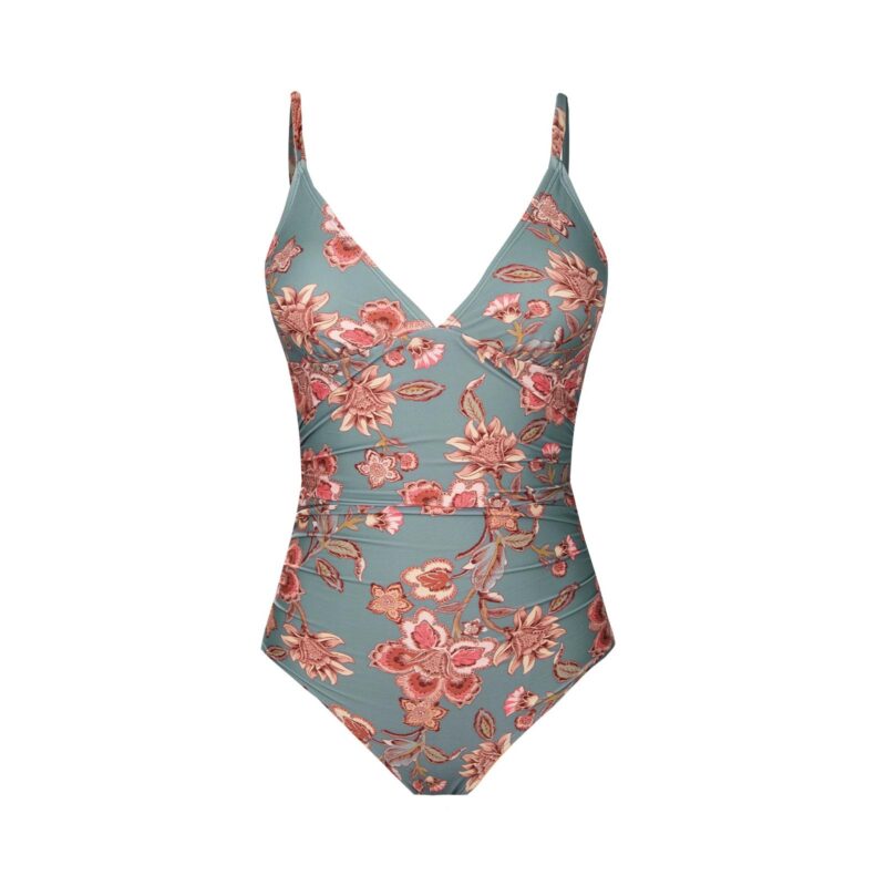 Solid Shirred Deep V One-Piece Swimsuit with Adjustable Straps