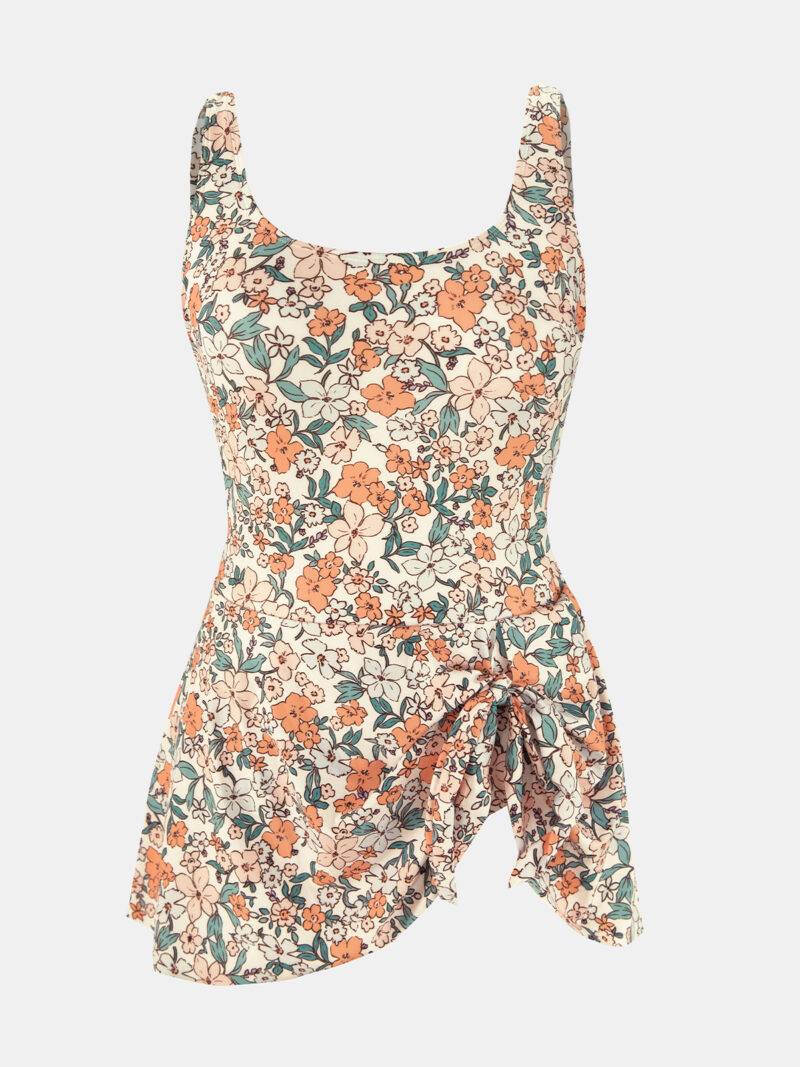 Floral Square Neck Swim Dress One-Piece Swimsuit with Adjustable Straps - Image 6